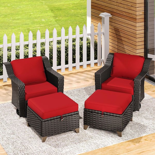 6-Piece Stylish Wicker Patio Conversation Set Outdoor Swivel Rocking Chair Set and Ottoman with Thick Red Cushions