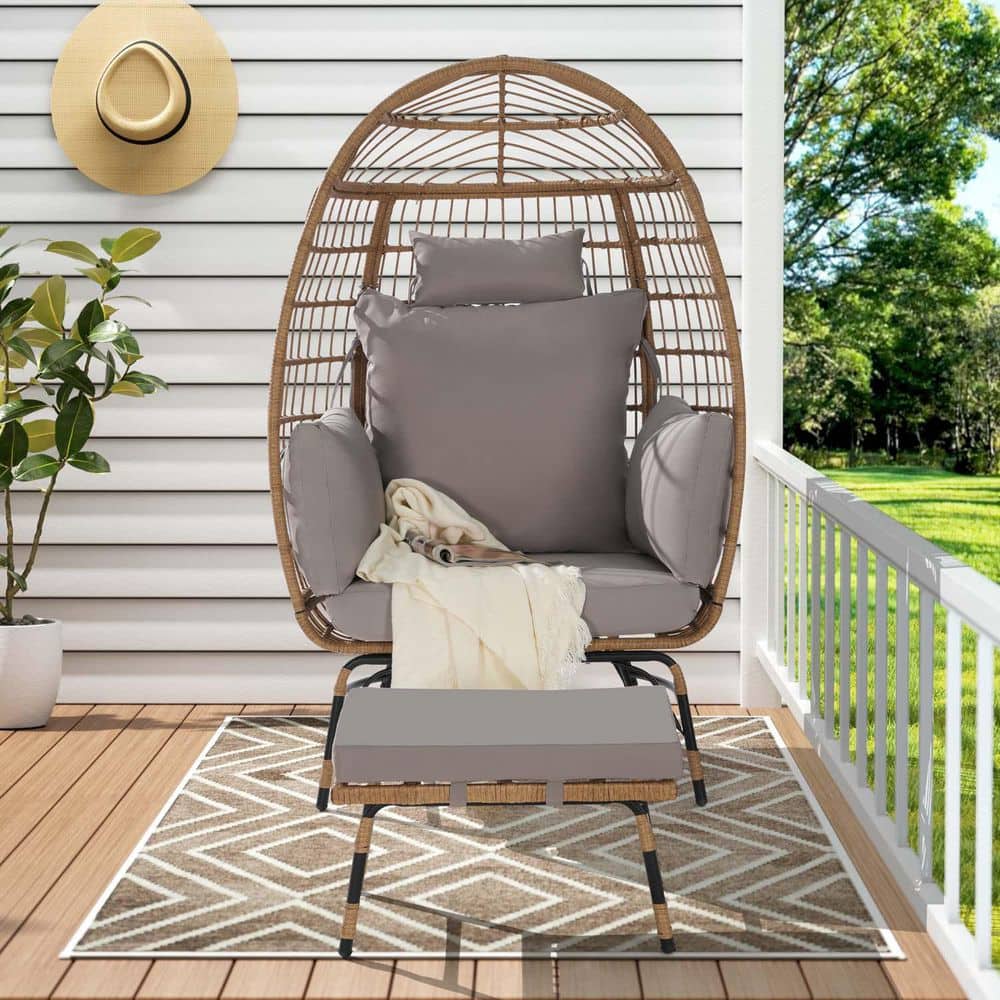 Brown Wicker Outdoor Lounge Chair with Light Gray Cushions, Rattan Egg Chai