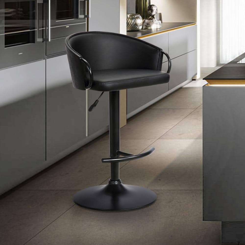 Montego Adjustable Black Faux Leather Swivel Bar Stool in Black Powder Coat