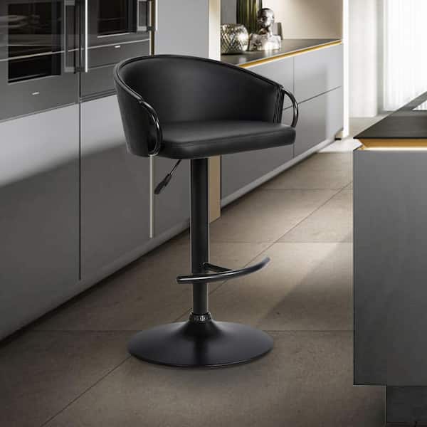 Montego Adjustable Black Faux Leather Swivel Bar Stool in Black Powder Coated Finish