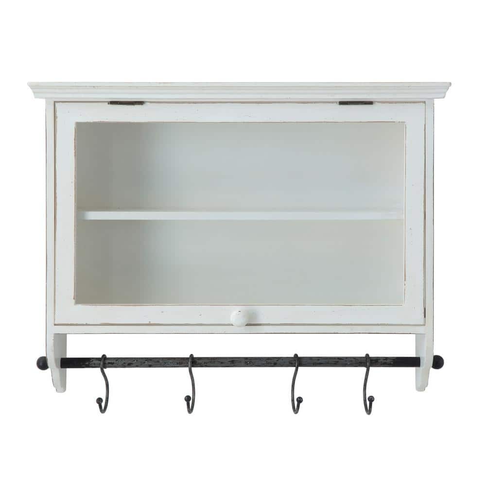 Ivory Wood and Glass Wall Cabinet with Hooks