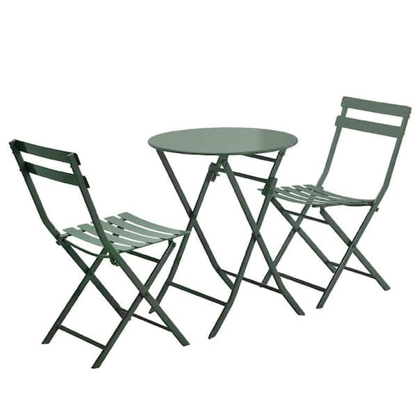 Flynama 3-Piece Metal Outdoor Dining Set of Foldable Round Table and Chairs in Dark Green
