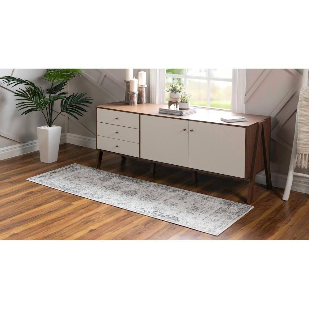 Elegant Gray Synthetic Indoor Runner Rug, Easy Care & Stain-Resistant