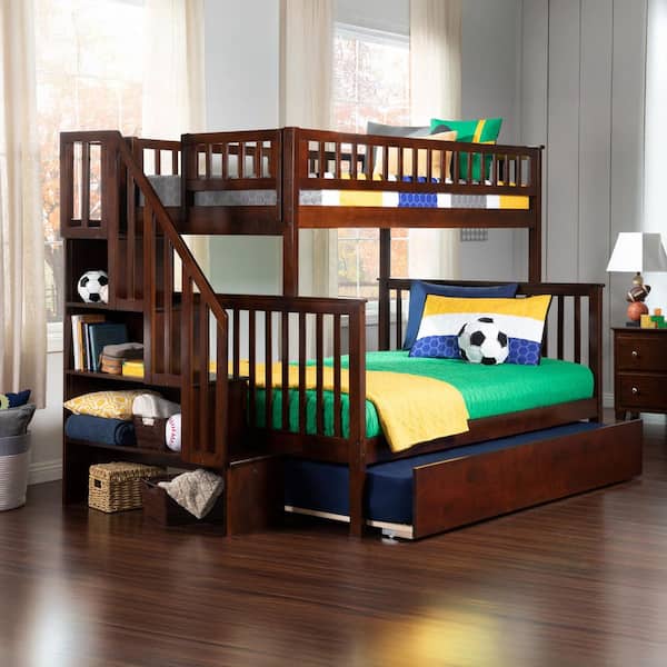 AFI Woodland Staircase Bunk Bed Twin over Full with Full Size Urban Trundle Bed in Walnut