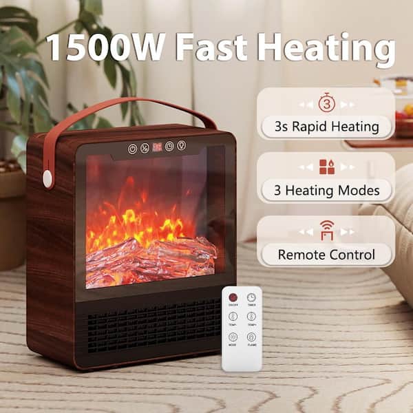 1500W Portable Electric Fireplace Space Heater with 3D Flame Effect, Remote Control, 2 Heat Settings, 12H Timer