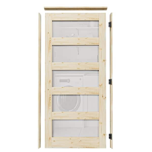 36 in. x 80 in. 5-Lite Frosted Glass Left Unfinished Pine Wood Single Interior Door with Quick Assemble Jamb