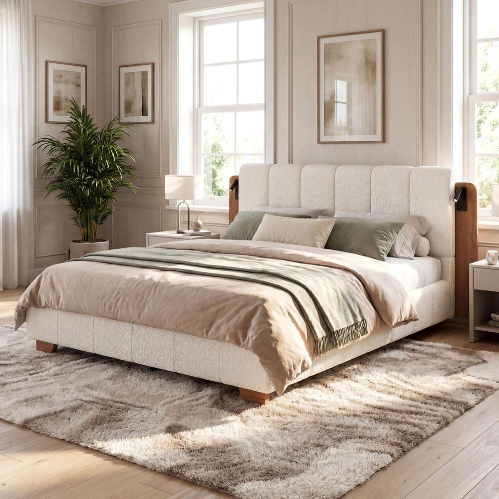 Wilda White + Brown Wood Frame Queen Size Fabric Upholstered Platform Bed with Reading Lights price history on PriceWatchPro
