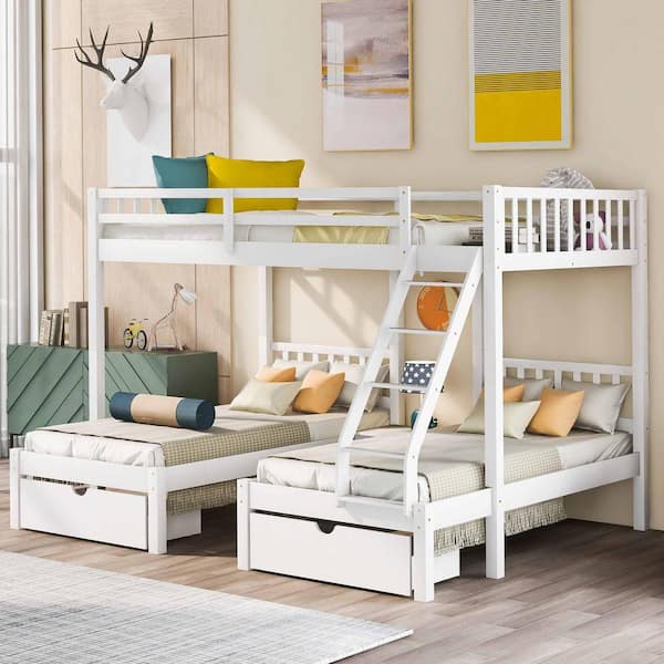 Polibi White Full over Twin and Twin Bunk Bed, Wood Triple