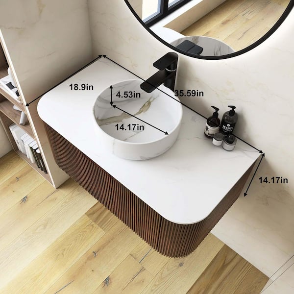 Yingze 36 in. Wall Mounted Single Sink Dark Walnut Bath Vanity