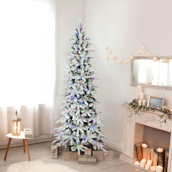 Fraser Hill Farm 9 ft. Pre-Lit Flocked Slim Mountain Pine Artificial Christmas Tree with Multi-Color LED Lights