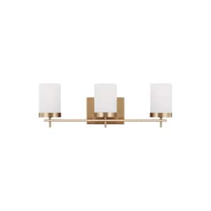 Zire 24 in. 3-Light Satin Brass Bathroom Vanity Light with Etched White Glass Shades