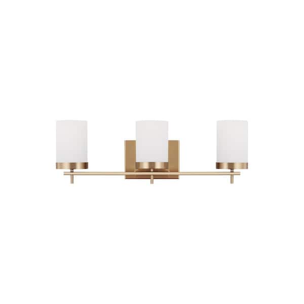 Generation Lighting Zire 24 in. 3-Light Satin Brass Bathroom Vanity Light with Etched White Glass Shades