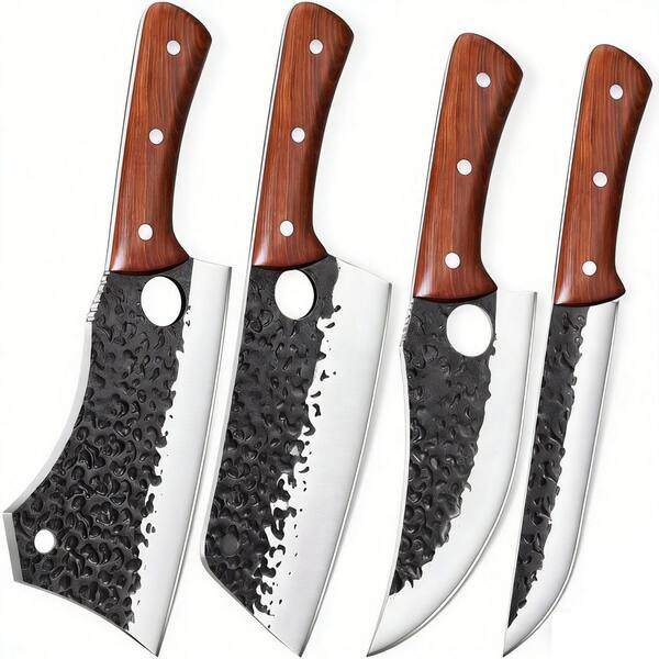 4-Piece Stainless Steel Knife Set with Wood Handle, Hand Forged Knives Set for Home, Outdoor Cooking, Camping BBQ