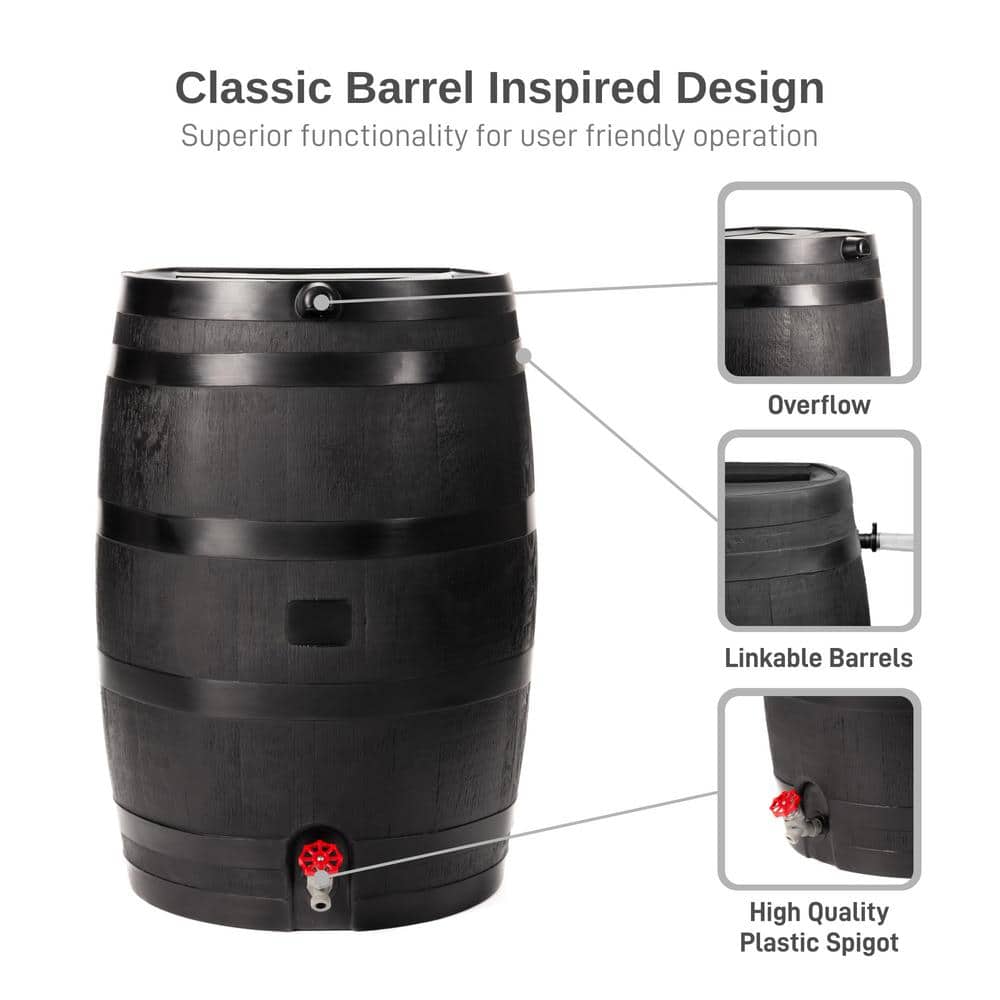 Black 50 Gallon Recycled Plastic Rain Barrel