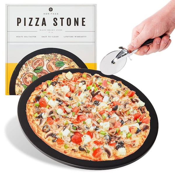 HERITAGE PRODUCTS 15 in. Round Ceramic Non Stick Pizza Stone with Wheel Cutter, Black