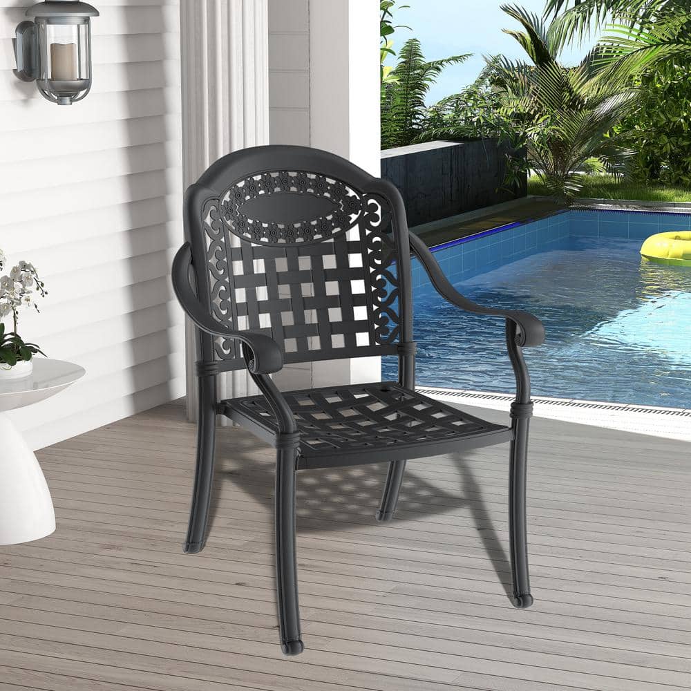 Matte Black Cast Aluminum Dining Armchairs with Blue Cushions