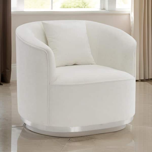 Benjara Beige and Chrome Chenille Arm chair with 1 Pillow and Barrel Shape