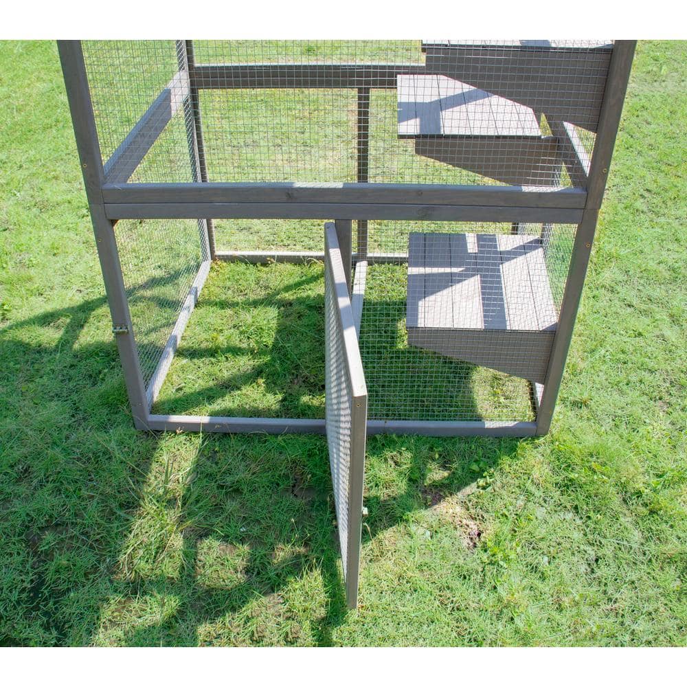 Gray and White Wooden Outdoor Cat House with Climbing Platforms