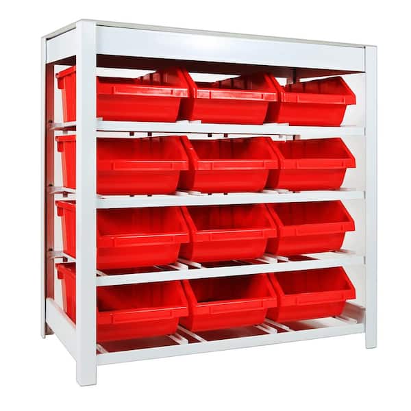 KING'S RACK 4-Tires 12 Bins Steel Botless Bin System Garage Storage Shelving Units in White (33 in. W x 35 in. H x 15 in. D)