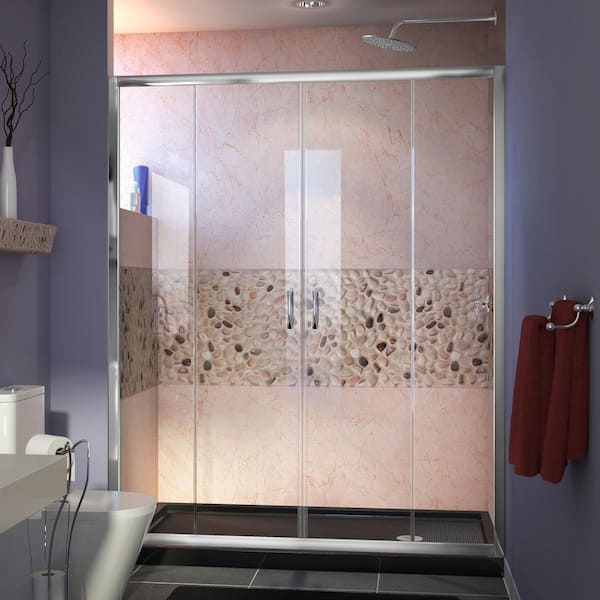 Visions 60 in. W x 36 in. D x 74-3/4 in. H Semi-Frameless Shower Door in Chrome with Black Base Right Drain