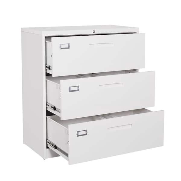 Mlezan 3 Drawer Lateral Cabinet White Metal Cabinets Storage Legal Letter Filing in 15.7"D x 35.4"W x 40.5"H