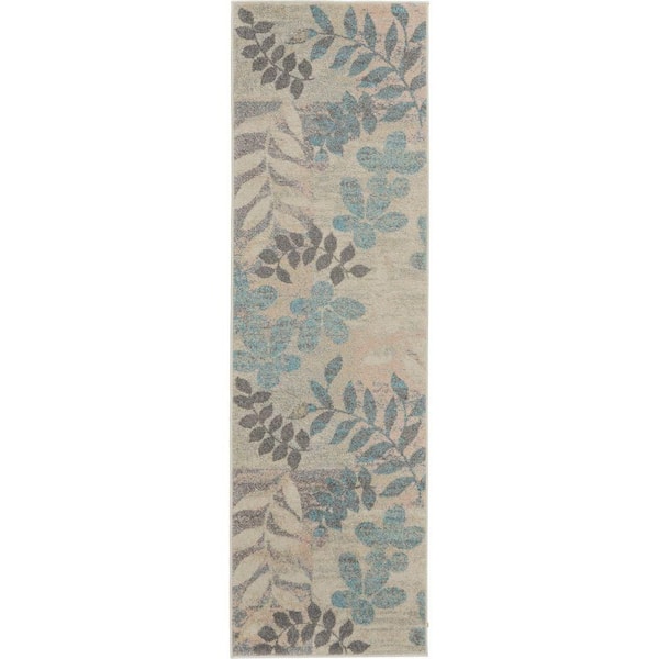 Tranquil Ivory/Light Blue 2 ft. x 7 ft. Floral Contemporary Kitchen Runner Area Rug