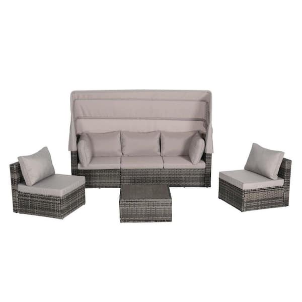 Unbranded 5-Piece Wicker Patio Conversation Set with Light Gray Cushions, Outdoor Patio Daybed with Retractable Canopy
