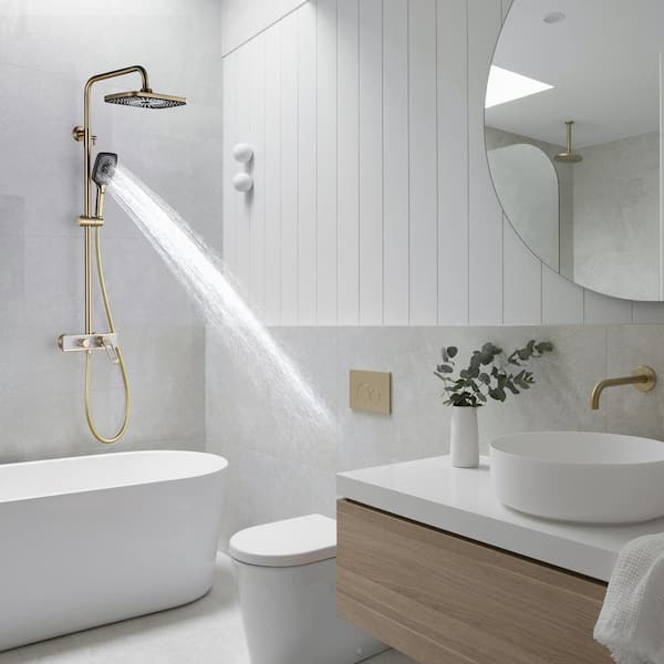 3-Spray Multi-Function Wall Bar Shower Kit with 3 Setting Hand Shower and Tub Faucet in Brushed Gold