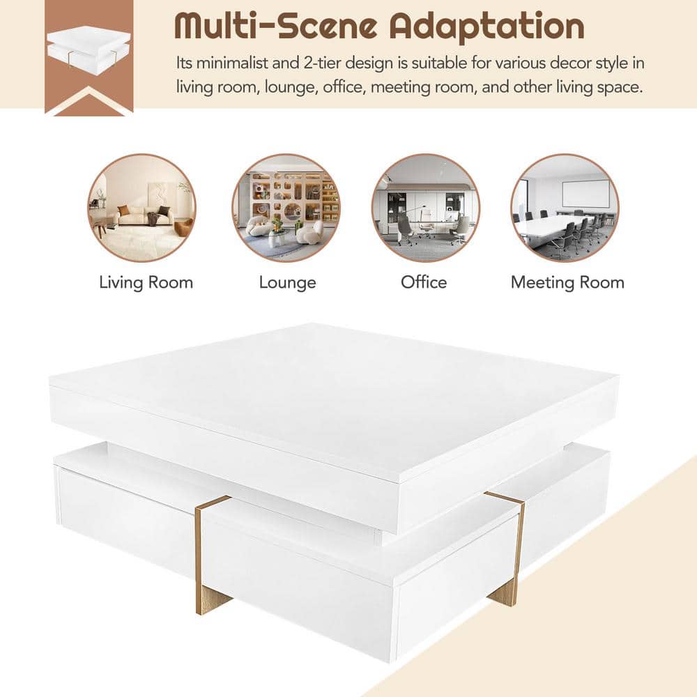 White High Gloss Square Coffee Table with Storage Drawers