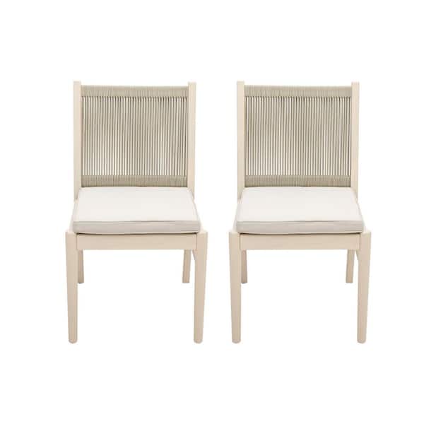 Beige Acacia Wood Outdoor Dining Chair with Beige Cushions (2-Pack)