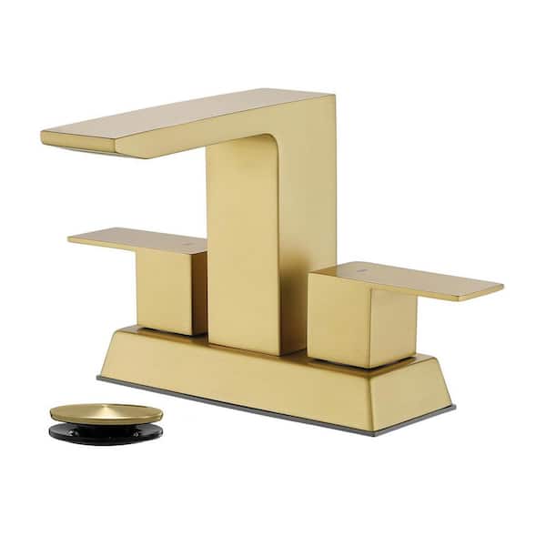 304 stainless steel 4 in. Centerset Double Handle Bathroom Faucet with Drain Kit Included in Gold