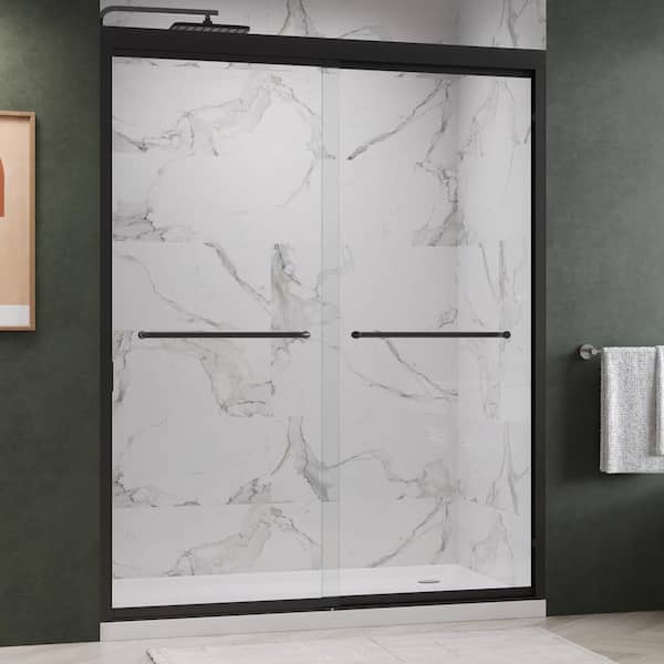 Fusion 56 in. to 60 in. W x 75 in. H Double Sliding Framed Shower Door in Matte Black with 5/16 in. Clear Glass