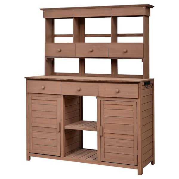 Oyezvary 50.2 in. W x 65.7 in. H Potting Bench Table with Hutch, 3 Shelves, 6 Drawers, 2 Bottom Cabinets and Side Hooks in Brown