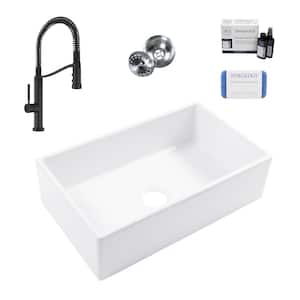 Turner 30 in. Farmhouse Apron Front Undermount Single Bowl White Fireclay Kitchen Sink with Bruton Black Faucet Kit