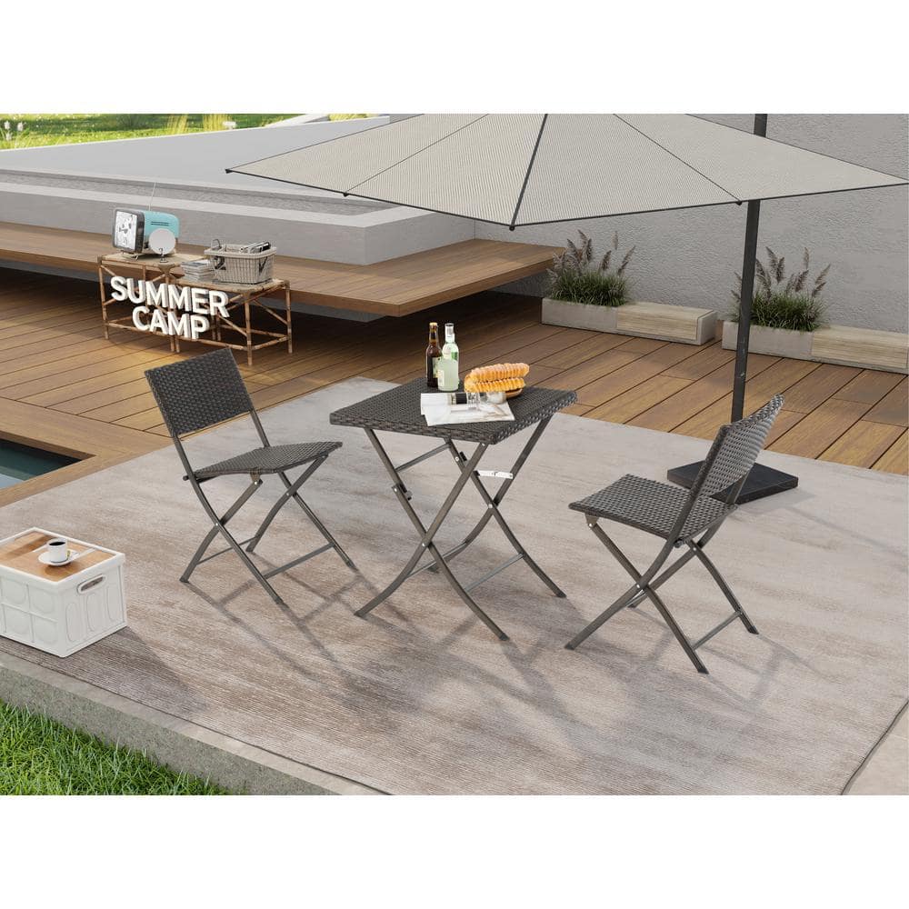 Brown 3-Piece Wicker Outdoor Bistro Set, Patio All-Weather Rattan Foldable 