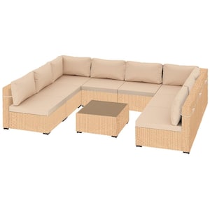 9-Piece Beige Wicker Patio Conversation Set with Beige Cushions and Coffee Table
