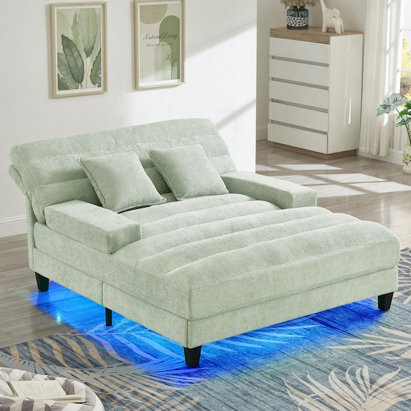 57.1 in. Square Arm Chenille Straight Reclining Chaise Lounge Sofa with Adjustable Backrest and LED Light Strip in Green