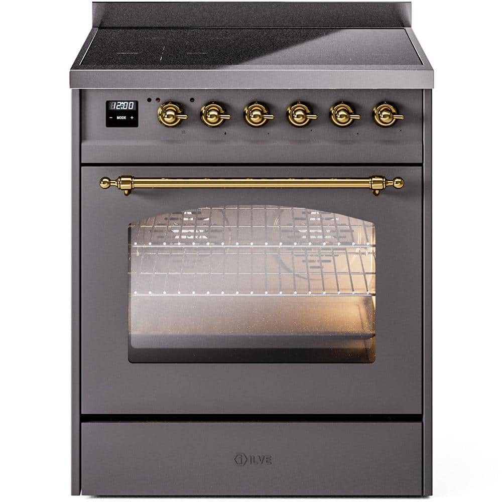 Nostalgie II 30 in. 4 Zone Freestanding Induction Range in Graphite Matte with Brass -  ILVE, UPI304NMPMGG