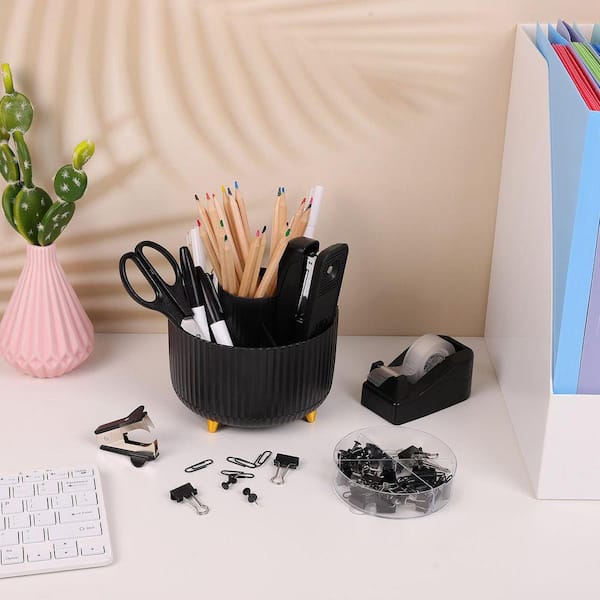 5.6 in. x 3.8 in. Desk Accessories with Rotating Pen Holder for Desk, Stapler, Staple Remover, Tape Dispenser, Black