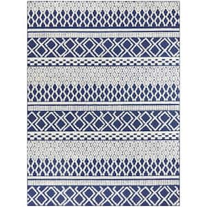 Tribal Pattern Navy/White 5 ft. x 7 ft. Striped Indoor/Outdoor Patio Area Rug