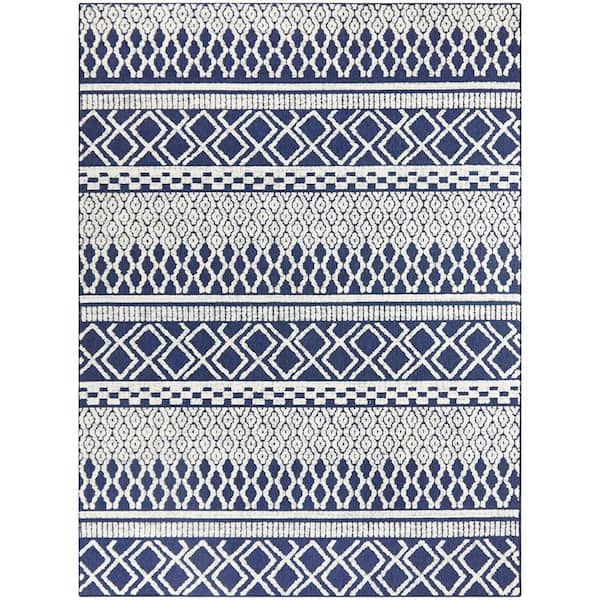 Hampton Bay Tribal Pattern Navy/White 5 ft. x 7 ft. Striped Indoor/Outdoor Patio Area Rug