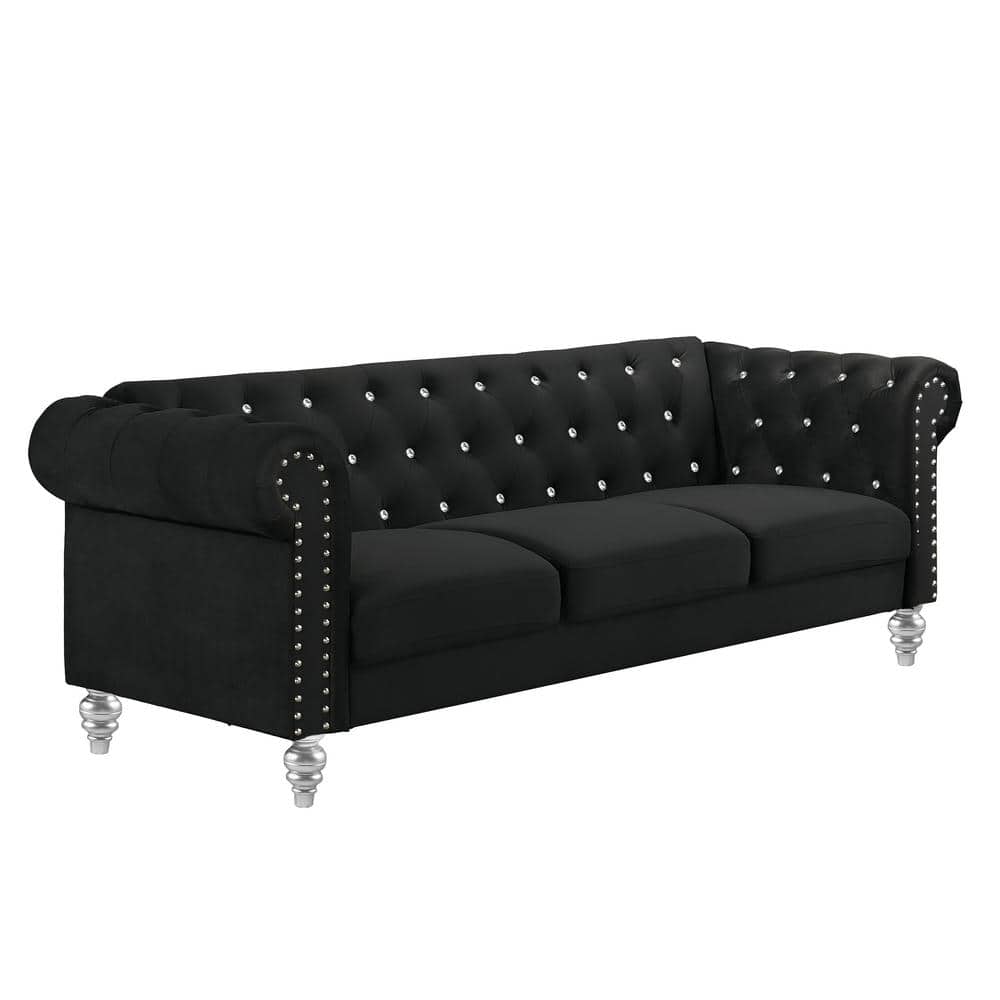 Emma Black Velvet Loveseat and Sofa Set with Silver Accents