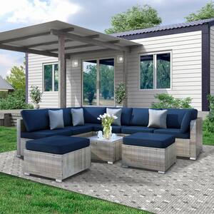 9-Piece All-Weather Wicker Outdoor Conversation Sectional Set With Navy Blue Cushion