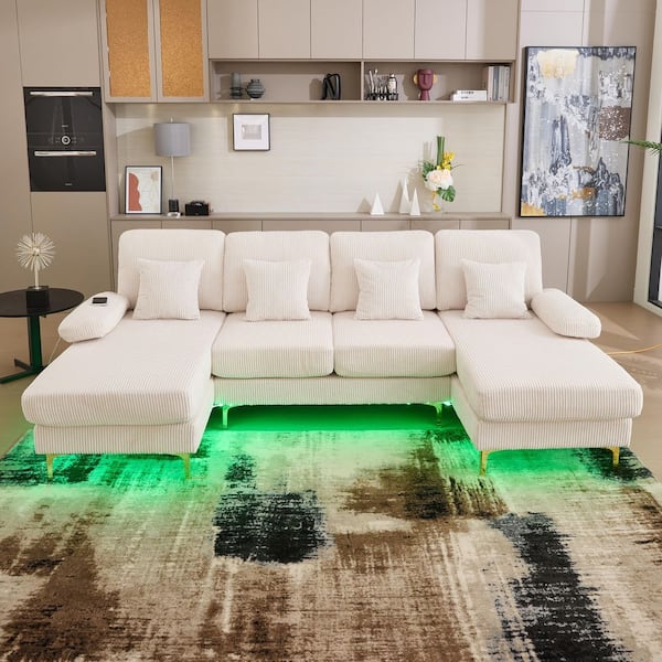 104 in. Corduroy 4-piece U-Shaped Lighting and Charging Sectional Sofa with Double Chaise in. Beige