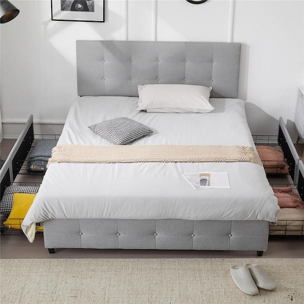 Gray Upholstered Metal Frame Queen Size Platform Bed with 4 Drawers, Adjustable Headboard with Button Tufted Design