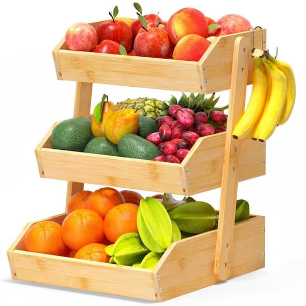 1 Piece 3-Tier with Banana Hangers Bamboo Fruit Basket Kitchen Storage Set in Nature for Family Kitchen Counter