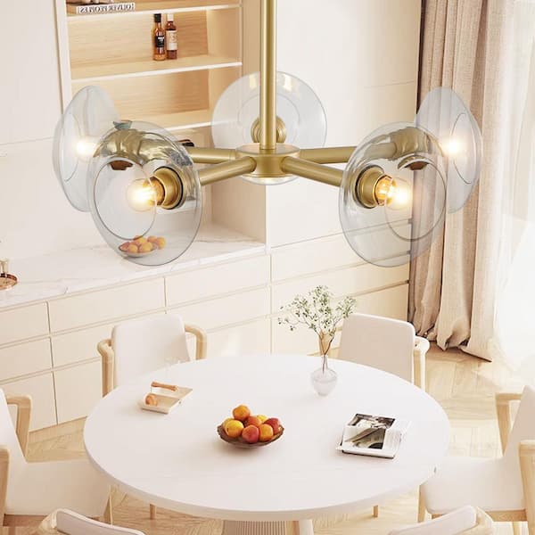 5-Light Gold Chandelier with Glass Shades, Adjustable Height for Dining Room, Living Room (No Bulb Included)