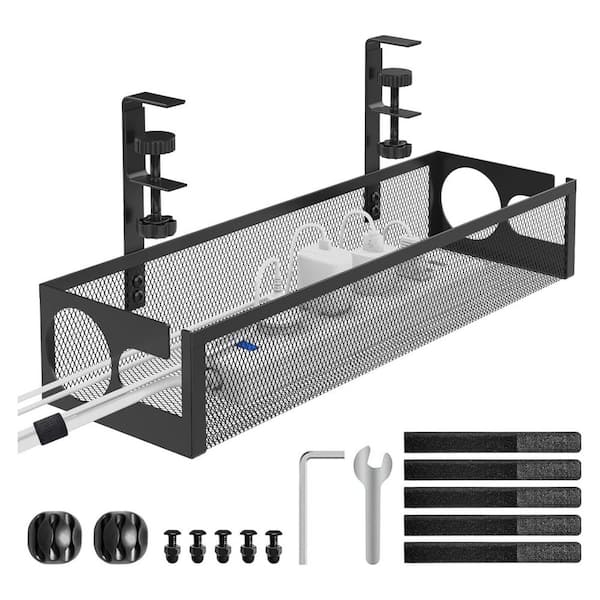 Under Desk Cable Management Tray No Drill 15.4 in. Black Metal Mesh with Hybrid Side Slots and Reinforced Basket