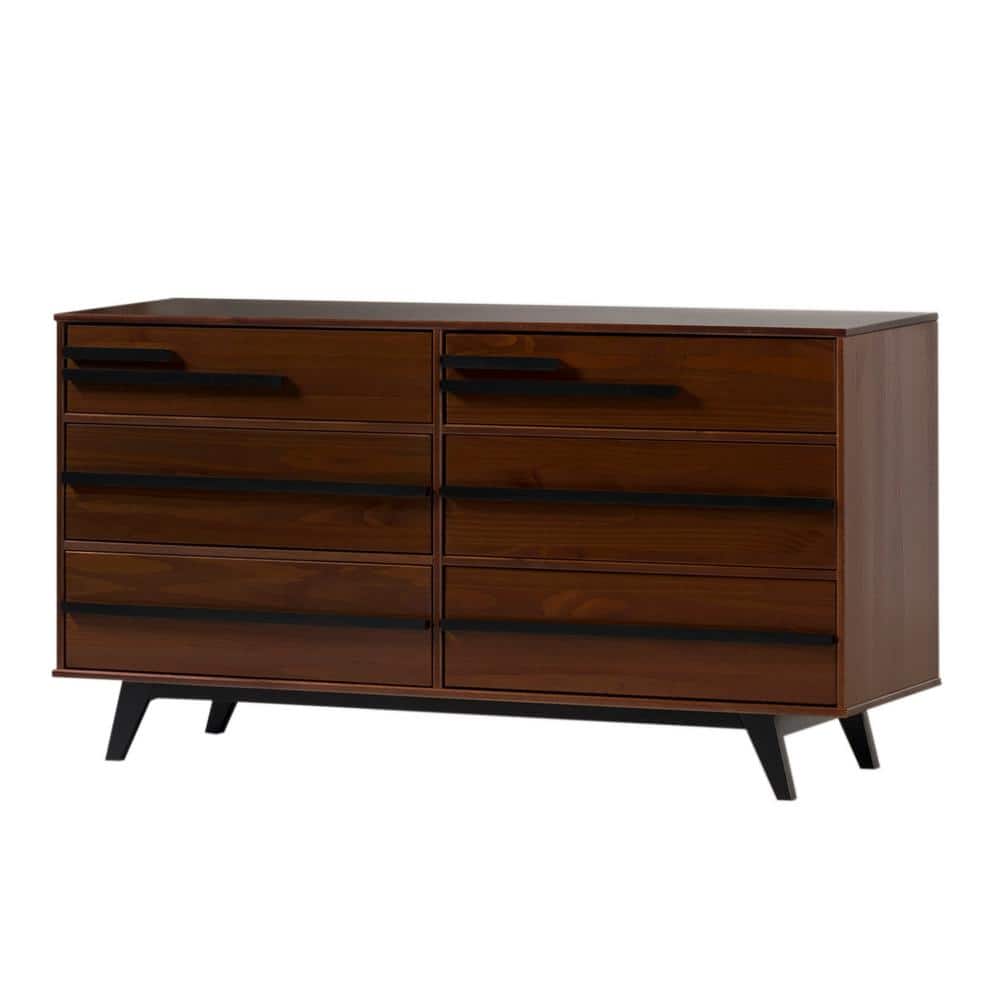 Walnut Mid-Century Modern 60" Solid Wood 6-Drawer Dresser