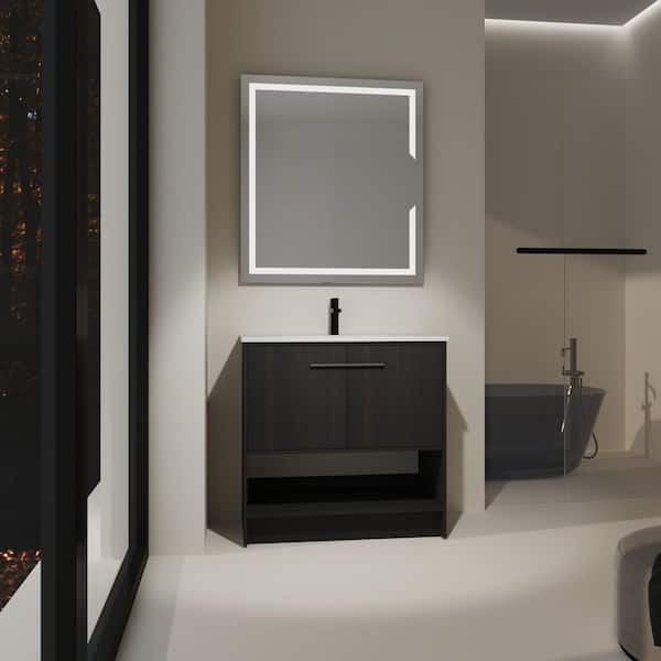 36 in. Single Sink Freestanding Black Bath Vanity with White Ceramic Top Open Shelf and Door Storage Cabinet Unassembled